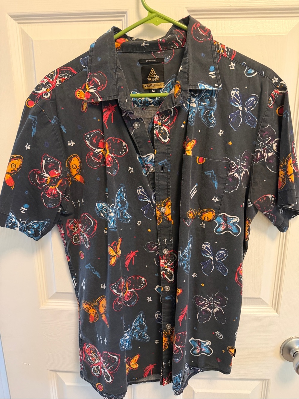 Brixton Black Short-Sleeve Button-Up with Multicolor Butterfly Print